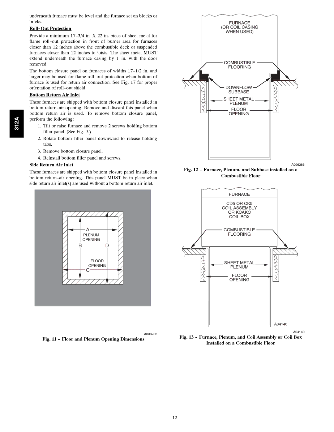 Bryant 120 instruction manual Roll-Out Protection, Floor and Plenum Opening Dimensions 