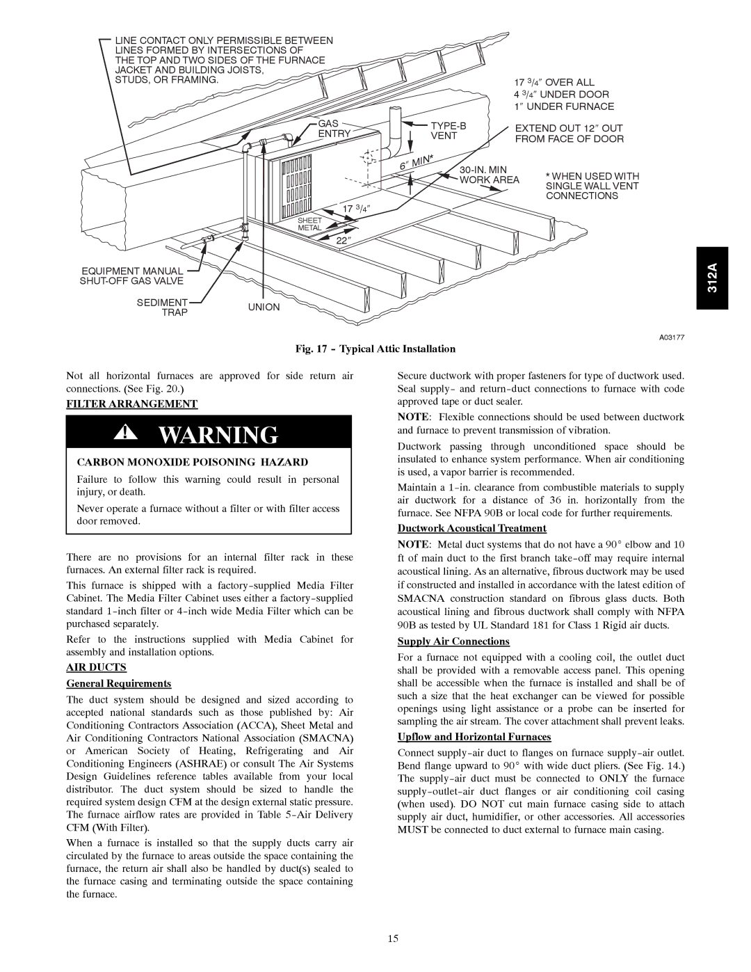 Bryant 120 instruction manual Filter Arrangement Carbon Monoxide Poisoning Hazard, AIR Ducts, General Requirements 