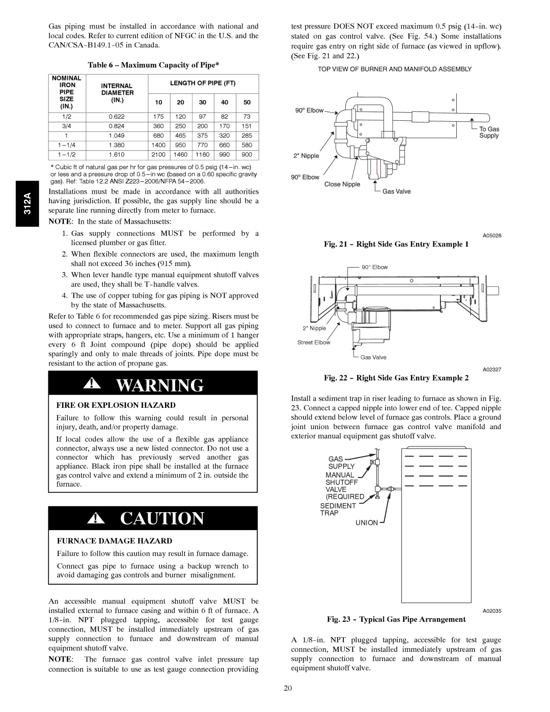 Bryant 120 instruction manual Maximum Capacity of Pipe, Furnace Damage Hazard 