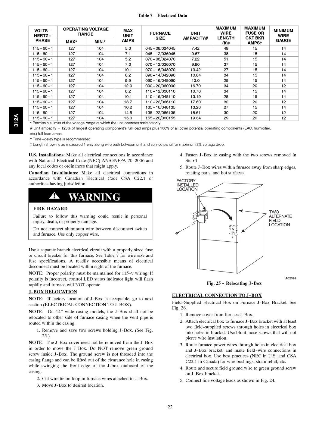 Bryant 120 instruction manual Electrical Data, BOX Relocation, Electrical Connection to J-BOX 