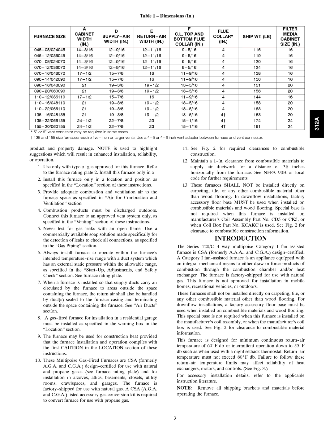 Bryant 120 instruction manual Introduction, Dimensions, Width Bottom Flue Cabinet, Size 