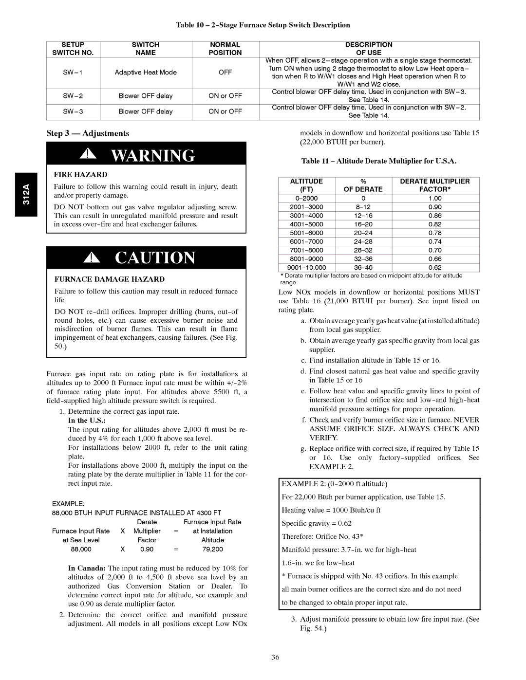 Bryant 120 instruction manual Adjustments, Stage Furnace Setup Switch Description, Altitude Derate Multiplier for U.S.A 