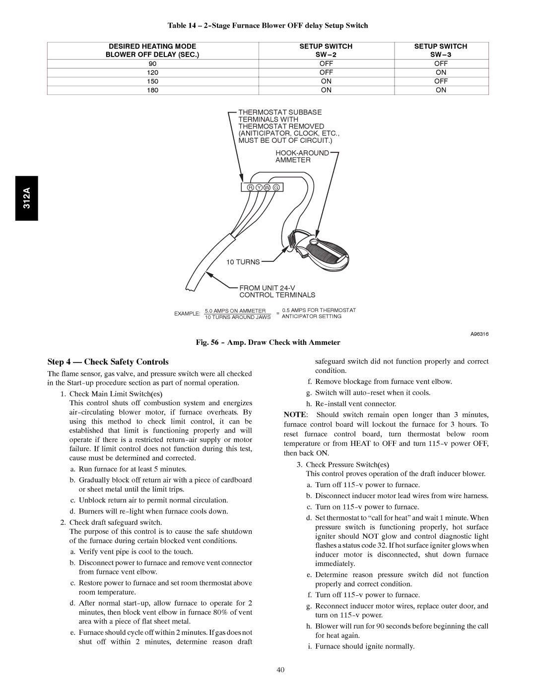 Bryant 120 instruction manual Check Safety Controls, Stage Furnace Blower OFF delay Setup Switch 