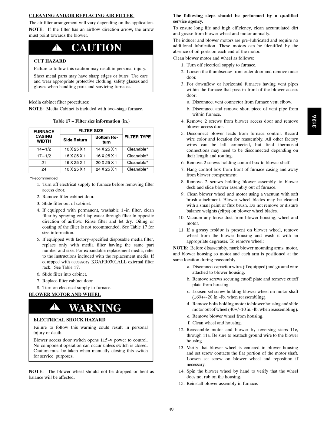 Bryant 120 Cleaning AND/OR Replacing AIR Filter, Filter size information, Blower Motor and Wheel Electrical Shock Hazard 