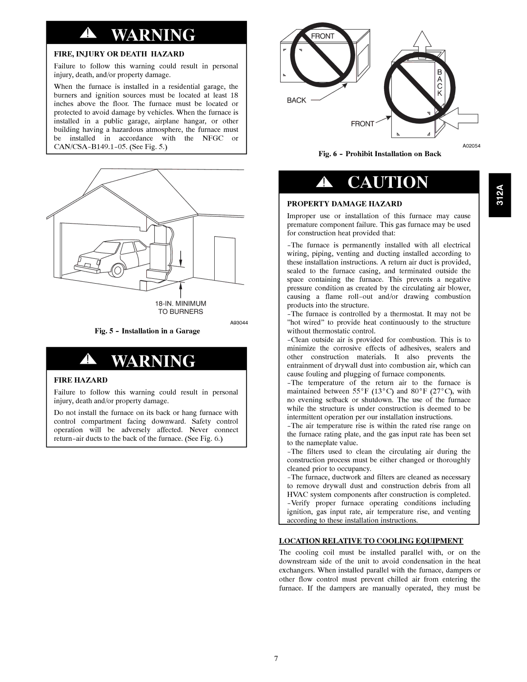 Bryant 120 FIRE, Injury or Death Hazard, Fire Hazard, Property Damage Hazard, Location Relative to Cooling Equipment 