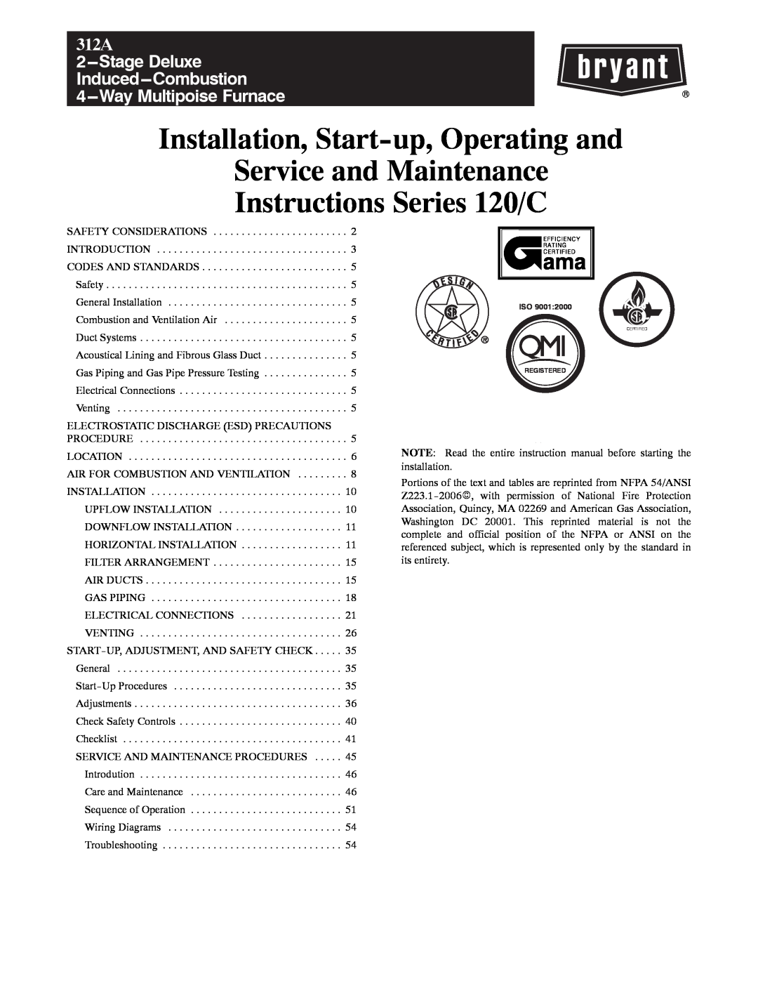 Bryant instruction manual Installation, Start-up,Operating and, Service and Maintenance Instructions Series 120/C, 312A 