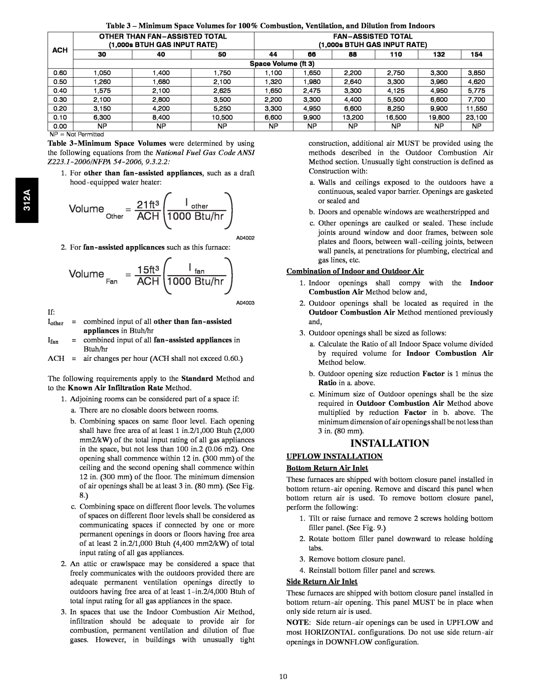Bryant 120 instruction manual Installation, Volume, 21ft3, 1000 Btu/hr, 15ft3 