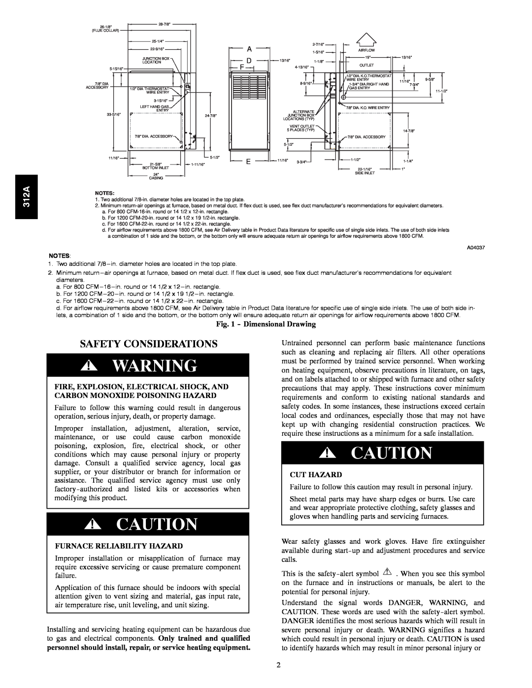 Bryant 120 instruction manual Safety Considerations, 312A, Dimensional Drawing, Furnace Reliability Hazard, Cut Hazard 