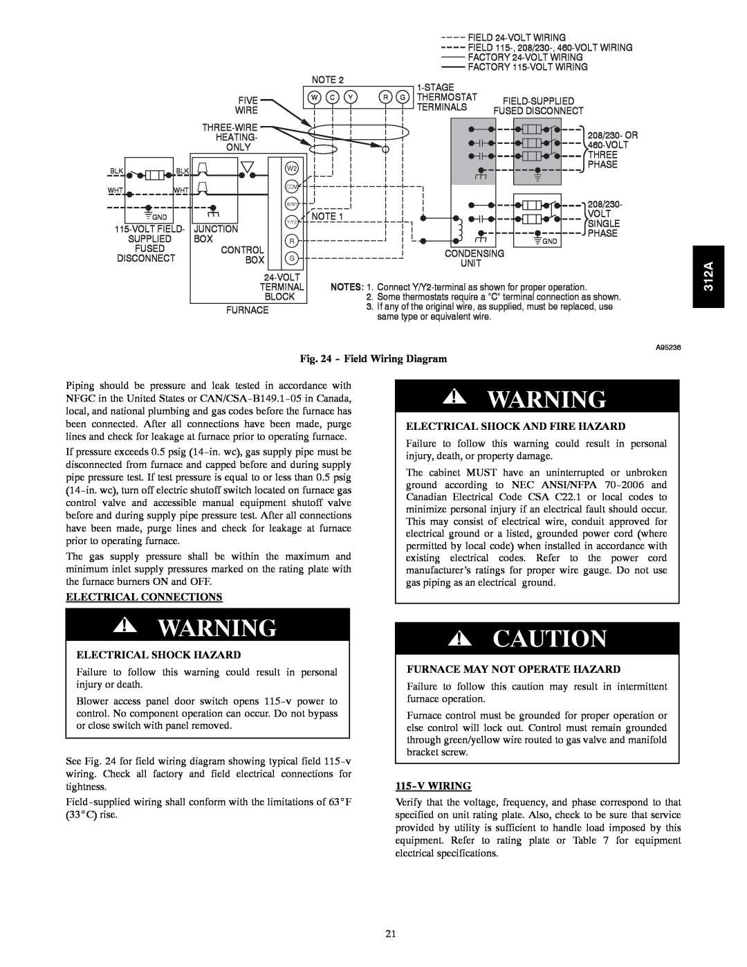 Bryant 120 Field Wiring Diagram, Electrical Connections, Electrical Shock And Fire Hazard, Electrical Shock Hazard, 312A 