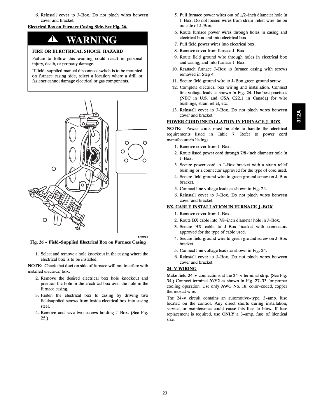 Bryant 120 Electrical Box on Furnace Casing Side. See Fig, Fire Or Electrical Shock Hazard, Vwiring, 312A 