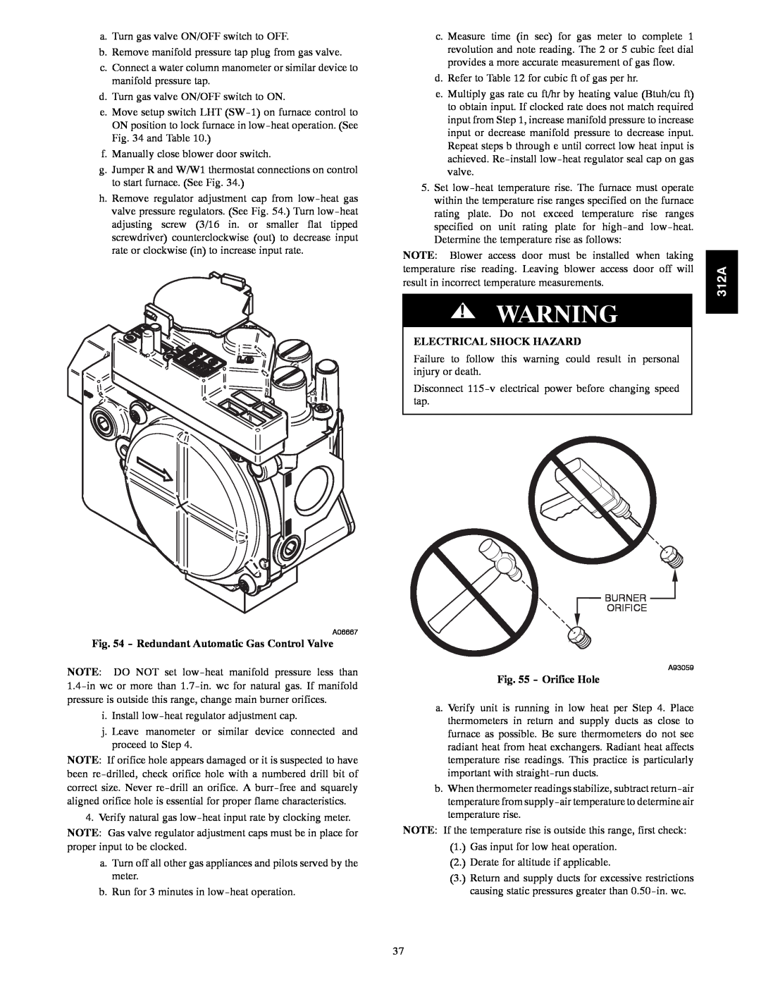 Bryant 120 instruction manual Redundant Automatic Gas Control Valve, Orifice Hole, Electrical Shock Hazard 