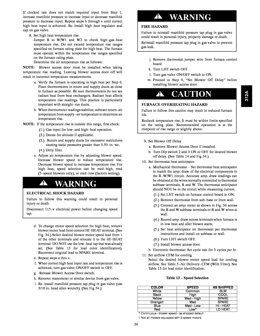 Bryant 120 instruction manual Speed Selection, 312A, Electrical Shock Hazard, Fire Hazard, Furnace Overheating Hazard 