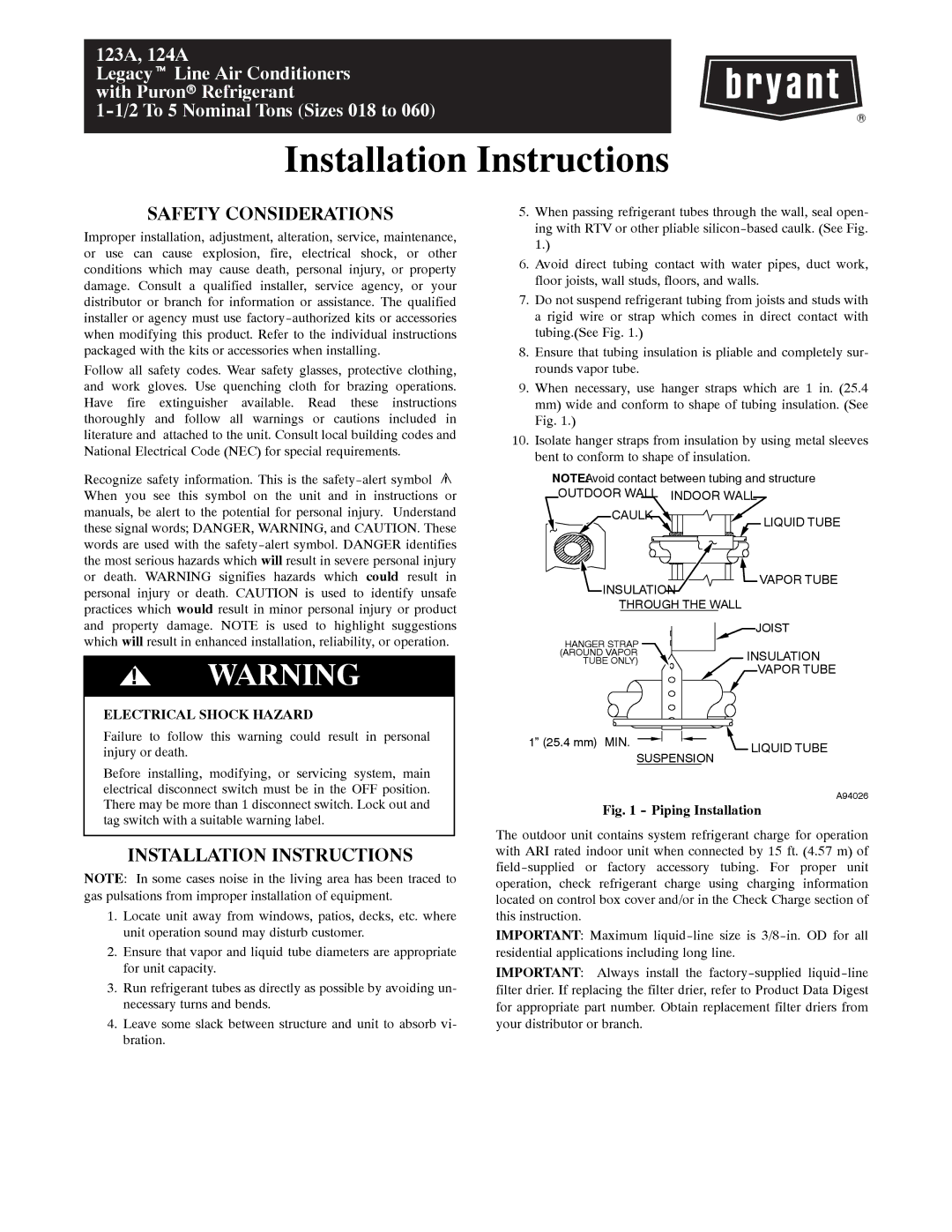 Bryant 123A installation instructions Safety Considerations, Installation Instructions, Electrical Shock Hazard 