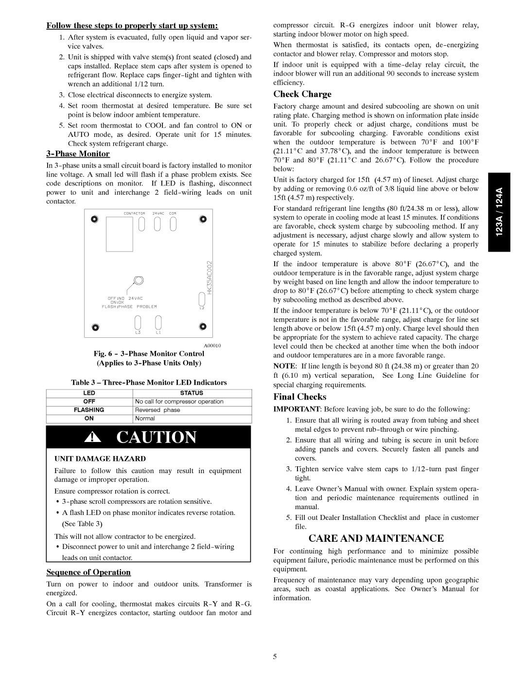 Bryant 123A installation instructions Care and Maintenance, Check Charge, Final Checks 