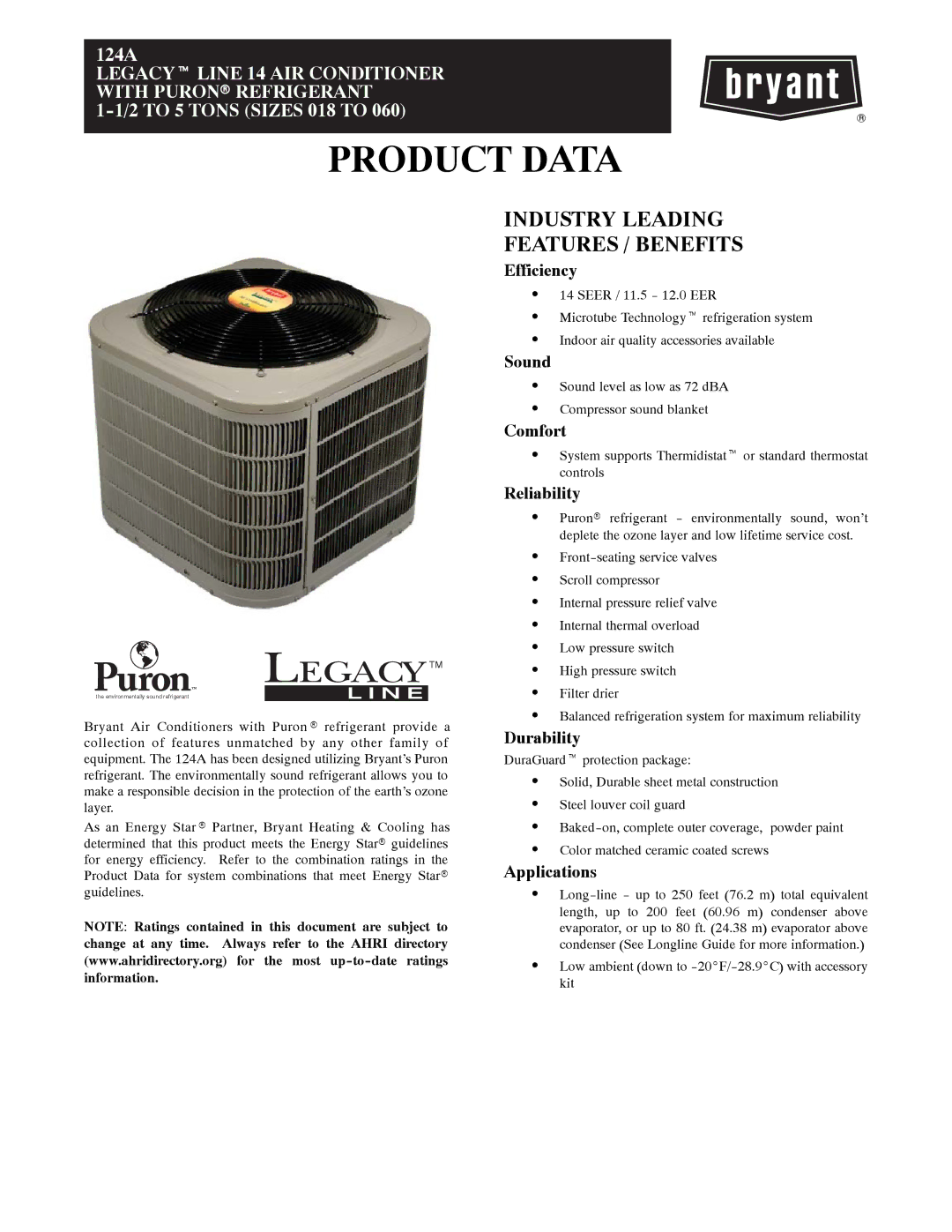 Bryant 124A manual Product Data, Industry Leading Features / Benefits 