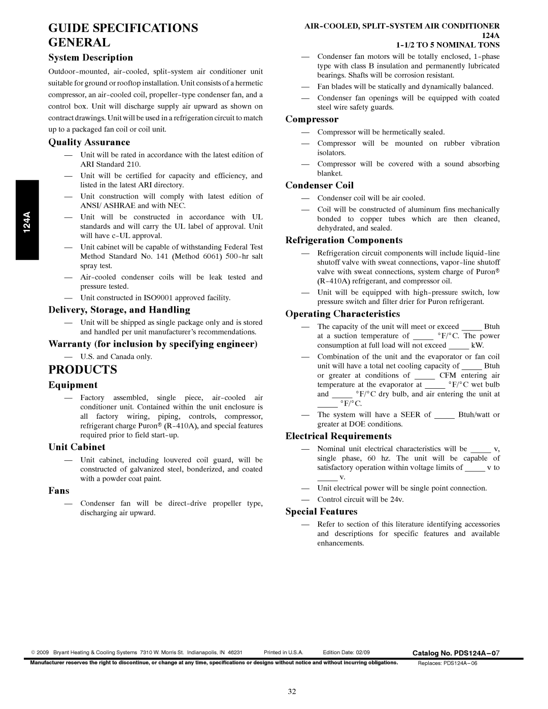 Bryant 124A manual Guide Specifications General, Products 