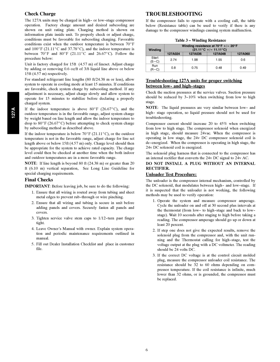 Bryant 127A installation instructions Troubleshooting, Check Charge, Final Checks, Unloader Test Procedure 