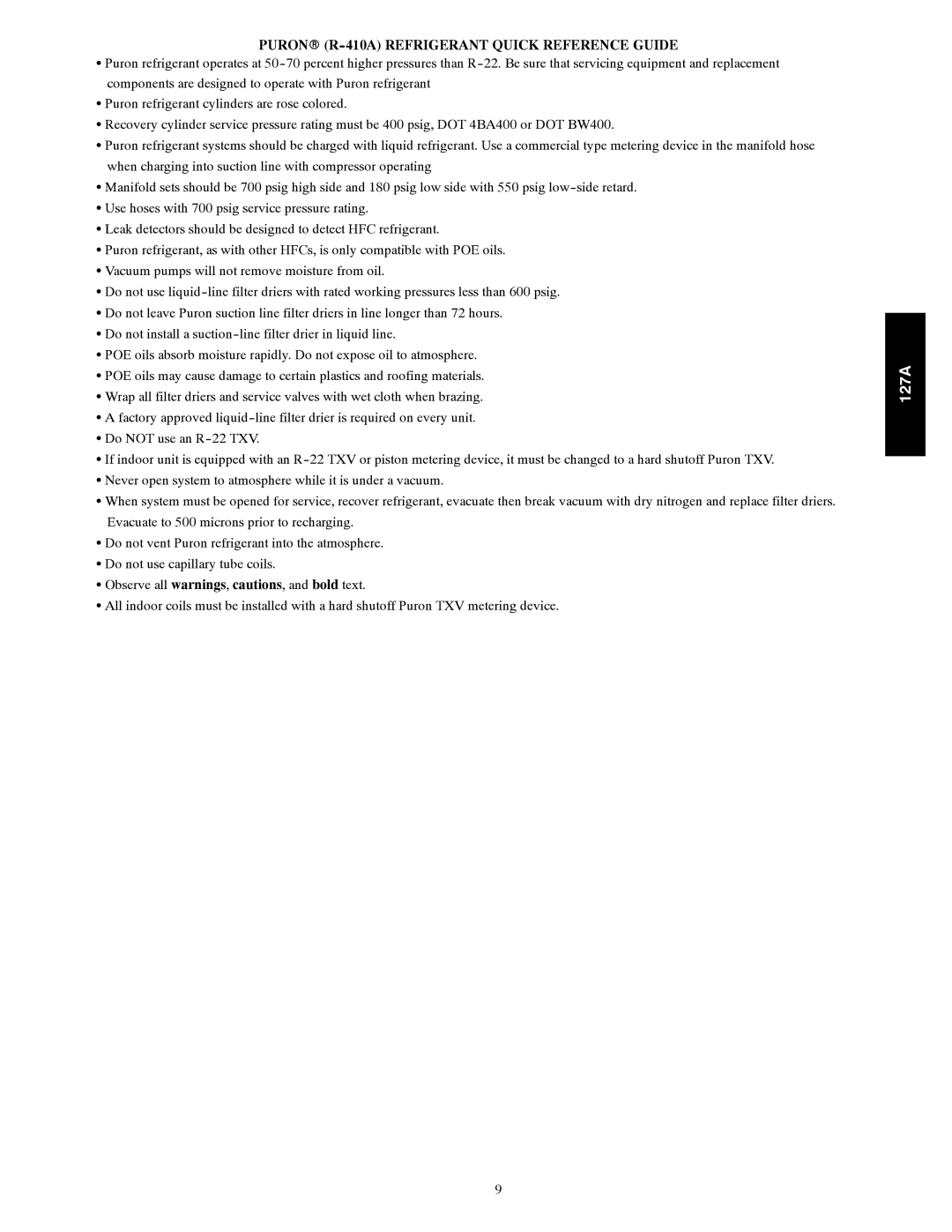 Bryant 127A installation instructions Puronr R-410A Refrigerant Quick Reference Guide 