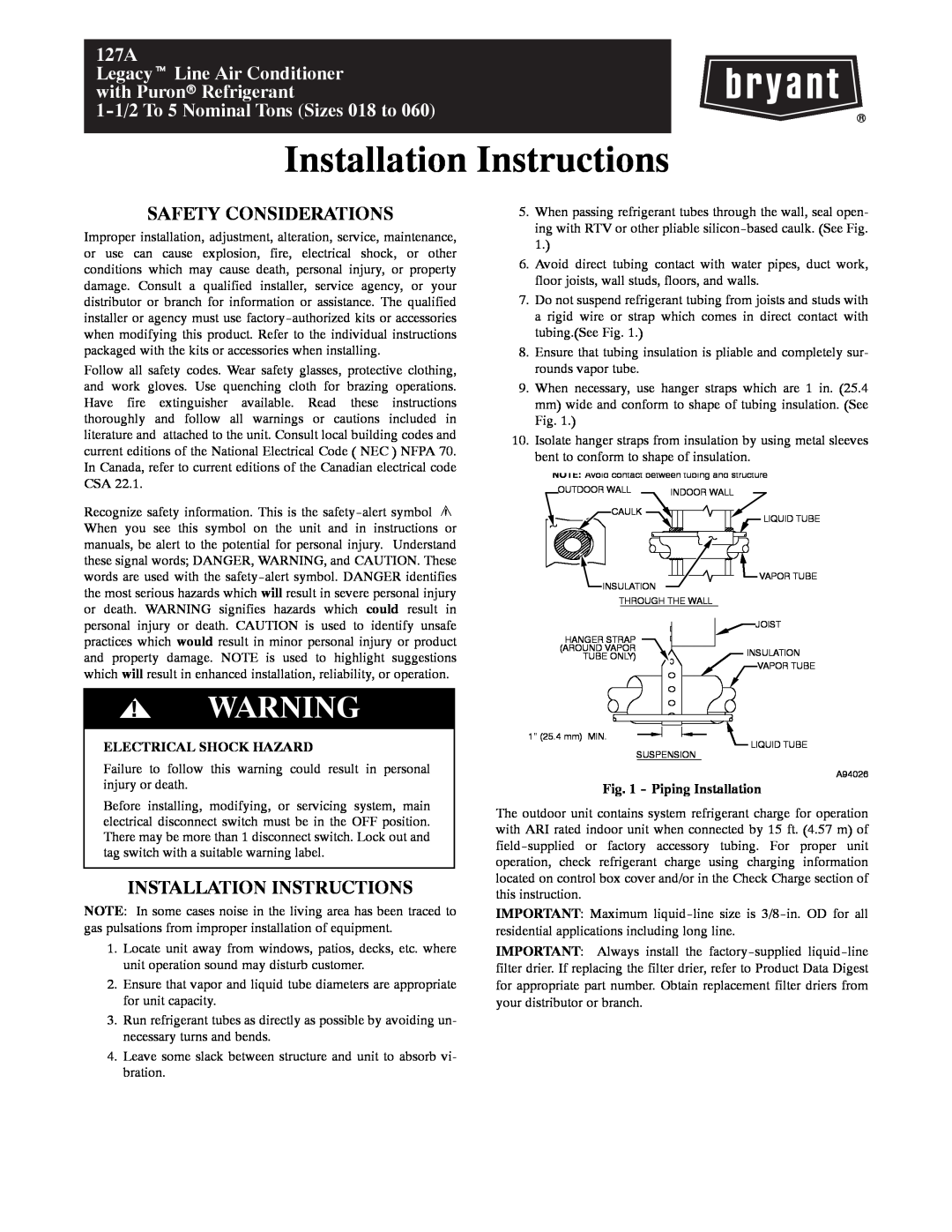 Bryant 127A installation instructions Safety Considerations, Installation Instructions, Electrical Shock Hazard 