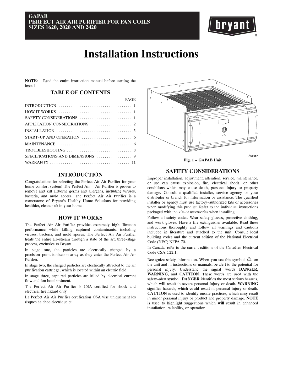 Bryant 1620 installation instructions Table of Contents, Introduction, HOW IT Works, Safety Considerations 