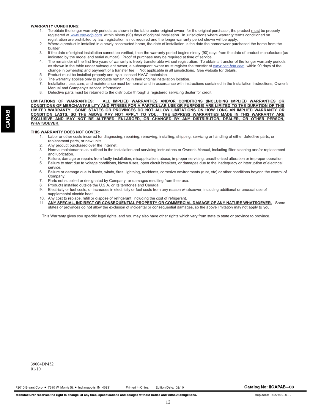 Bryant 1620 installation instructions Warranty Conditions 