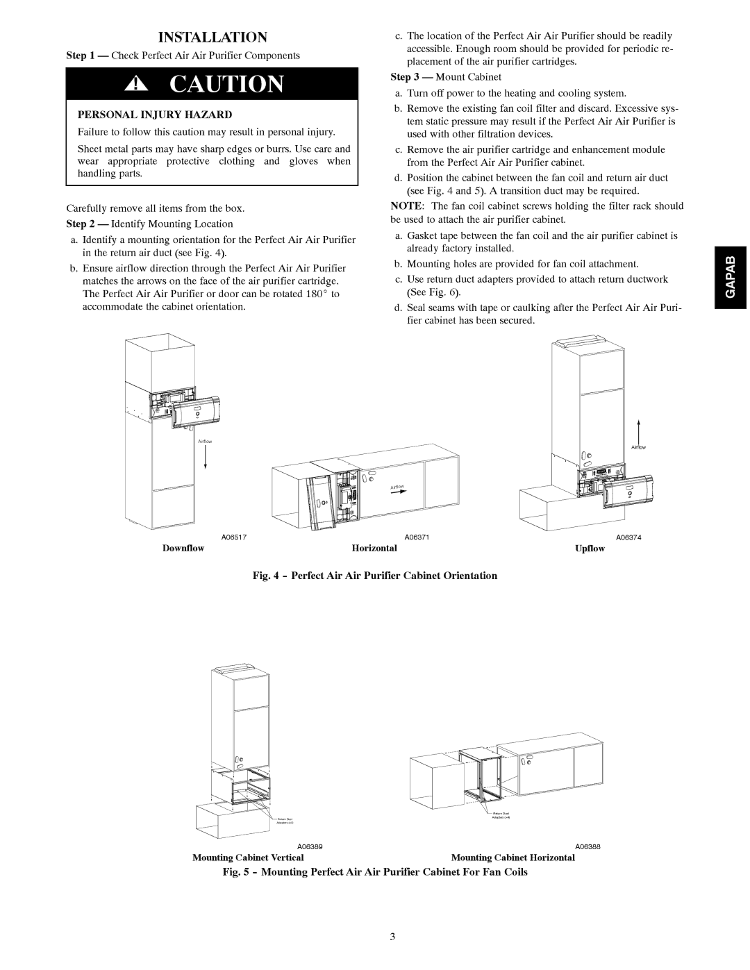 Bryant 1620 installation instructions Installation, Perfect Air Air Purifier Cabinet Orientation 