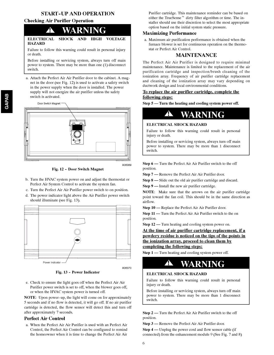 Bryant 1620 installation instructions START-UP and Operation, Maintenance, Electrical Shock and High Voltage Hazard 