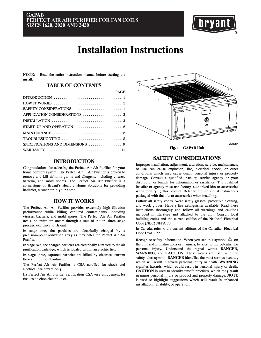 Bryant 1620 installation instructions Table Of Contents, Introduction, How It Works, Safety Considerations, GAPAB Unit 
