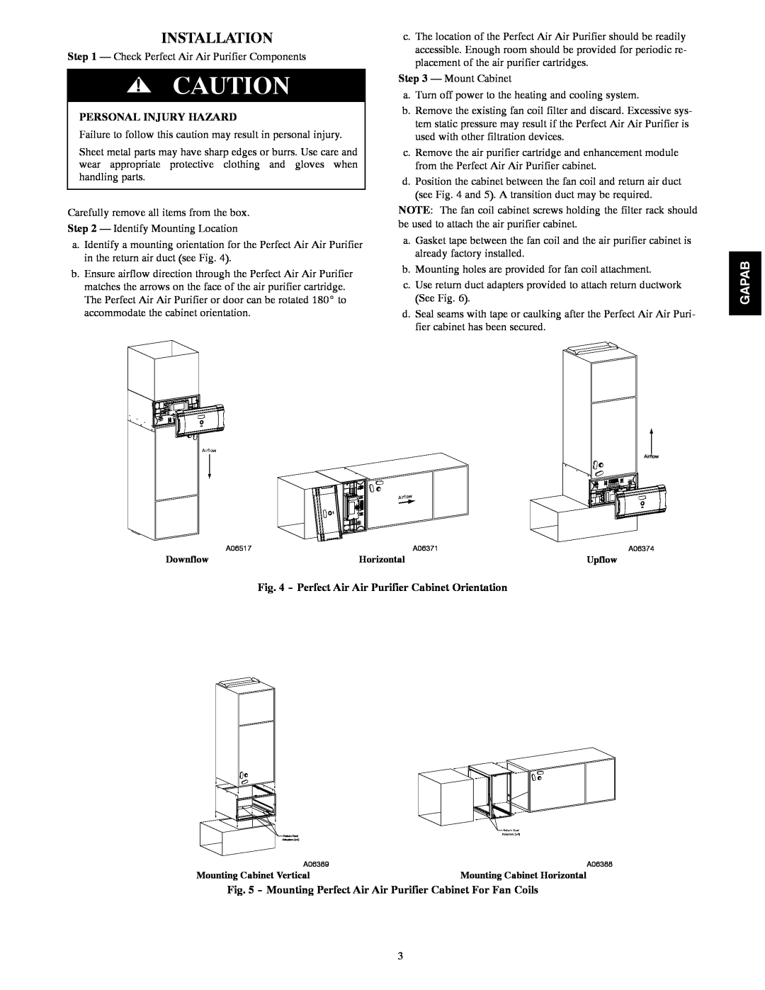 Bryant 1620 installation instructions Installation, Gapab, Personal Injury Hazard 