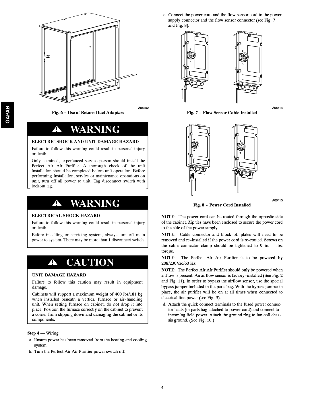 Bryant 1620 Gapab, Use of Return Duct Adapters, Electric Shock And Unit Damage Hazard, Electrical Shock Hazard, Wiring 