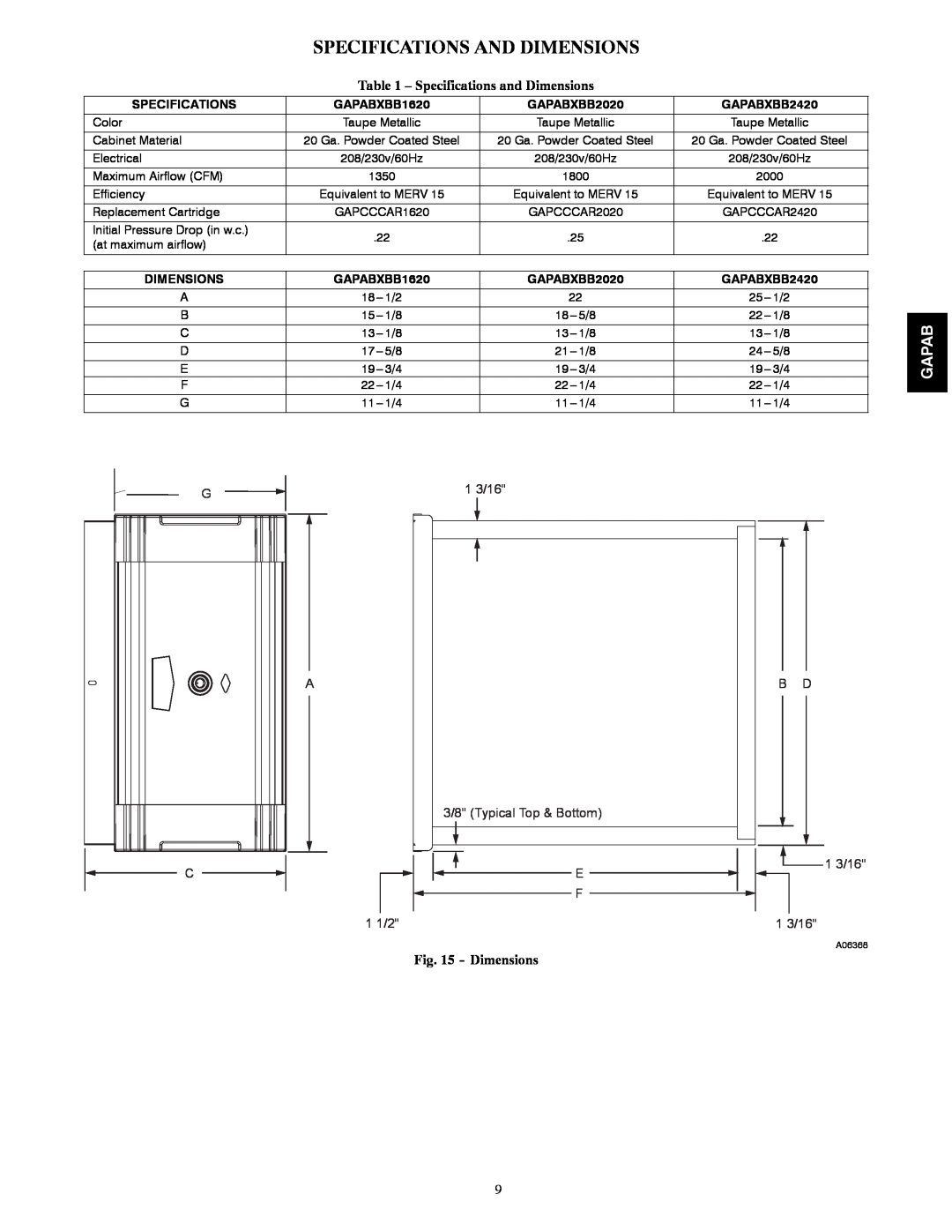 Bryant Specifications And Dimensions, Gapab, Specifications and Dimensions, GAPABXBB1620, GAPABXBB2020, GAPABXBB2420 