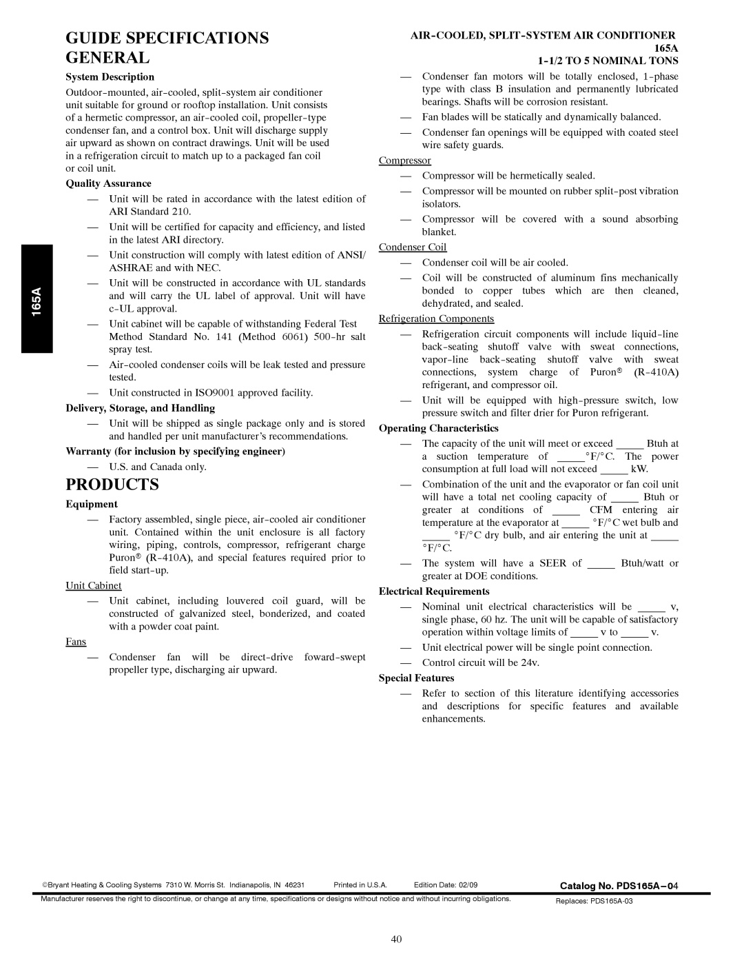 Bryant 165A manual Guide Specifications General, Products 