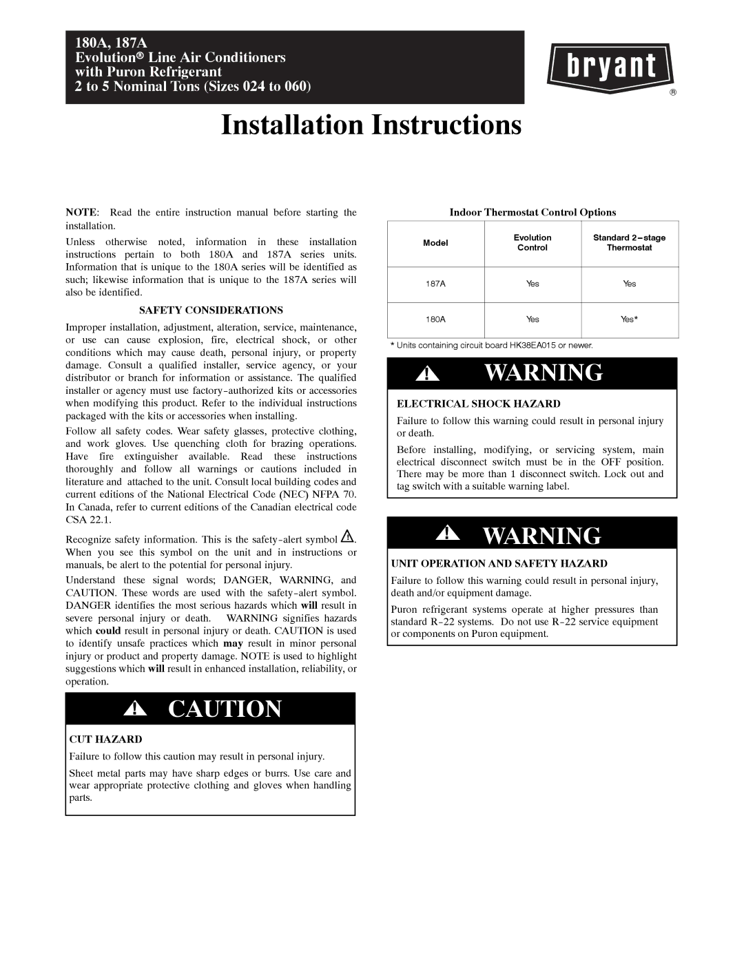 Bryant 180A installation instructions Safety Considerations, CUT Hazard, Indoor Thermostat Control Options 