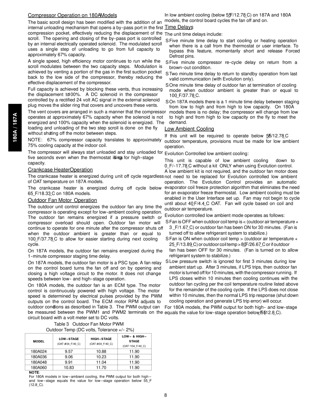 Bryant Compressor Operation on 180A Models, Crankcase Heater Operation, Outdoor Fan Motor Operation, Time Delays 