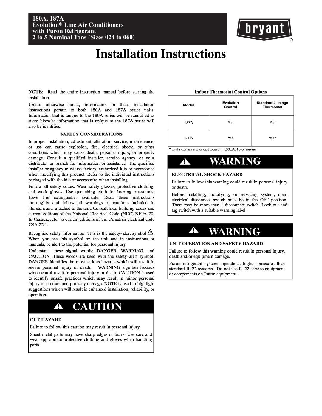Bryant installation instructions Safety Considerations, Cut Hazard, Indoor Thermostat Control Options, 180A, 187A 