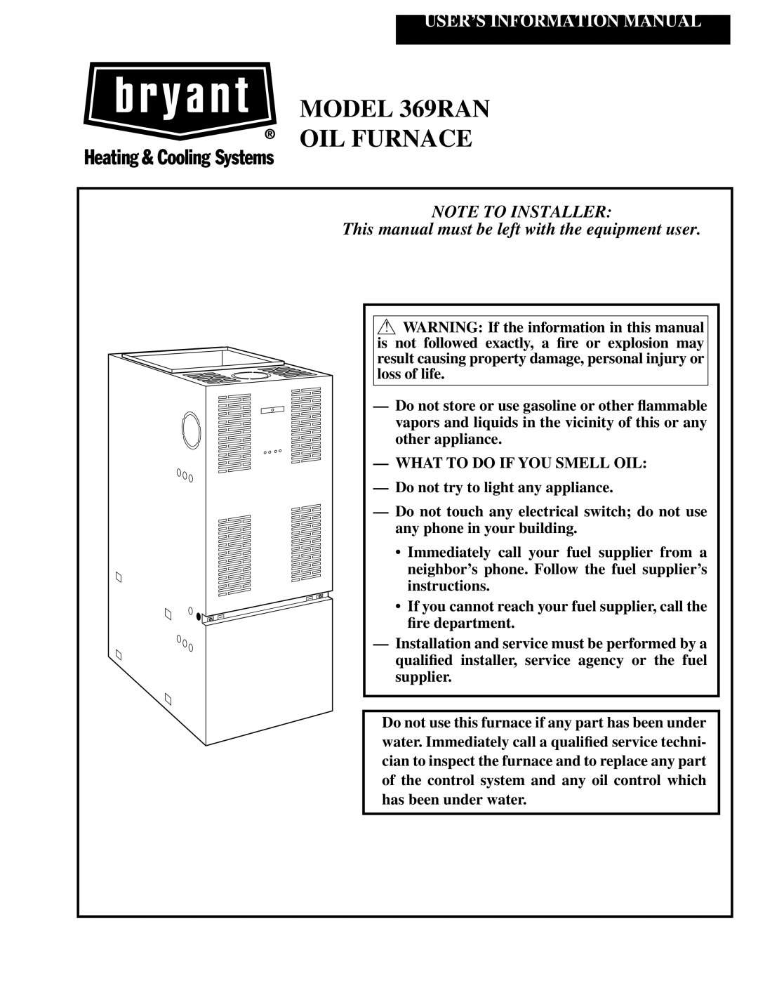 Bryant 185248 manual Model 369RAN OIL Furnace 