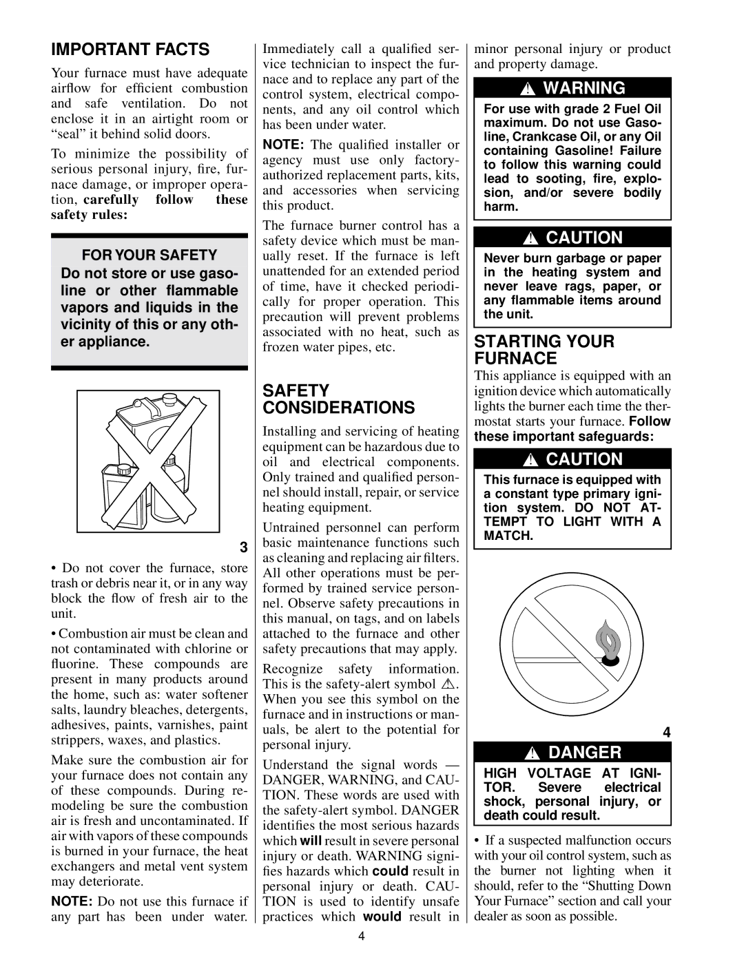 Bryant 185248 manual Important Facts, Safety Considerations, Starting Your Furnace, For Your Safety, High Voltage AT Igni 