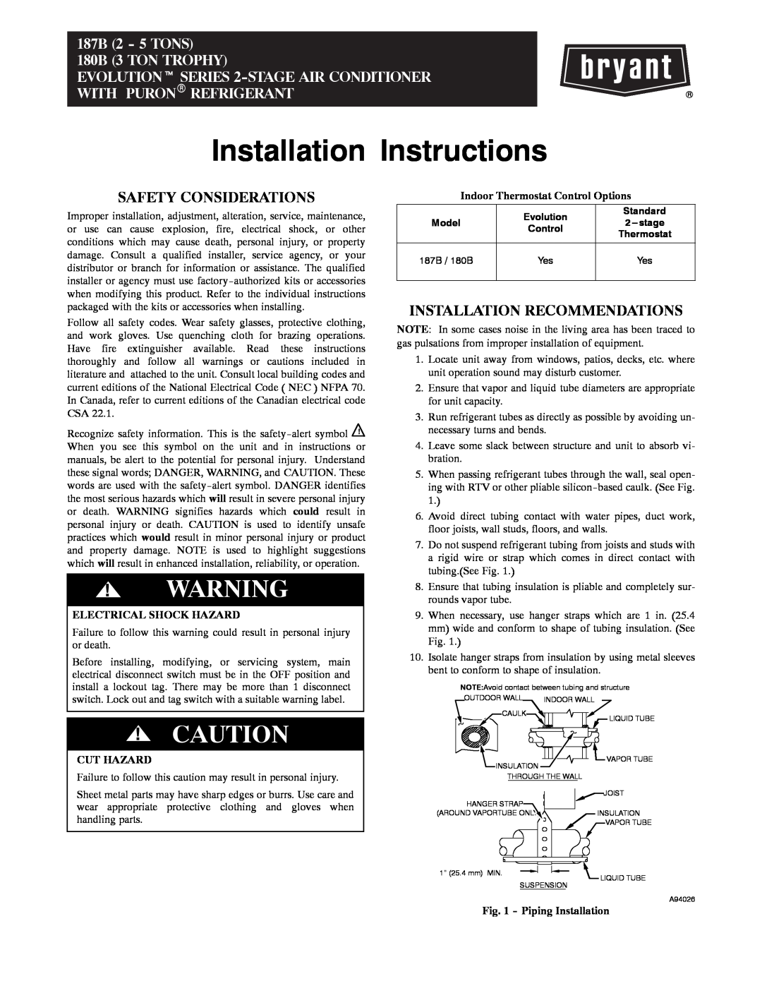 Bryant 187B installation instructions Safety Considerations, Installation Recommendations, Electrical Shock Hazard 