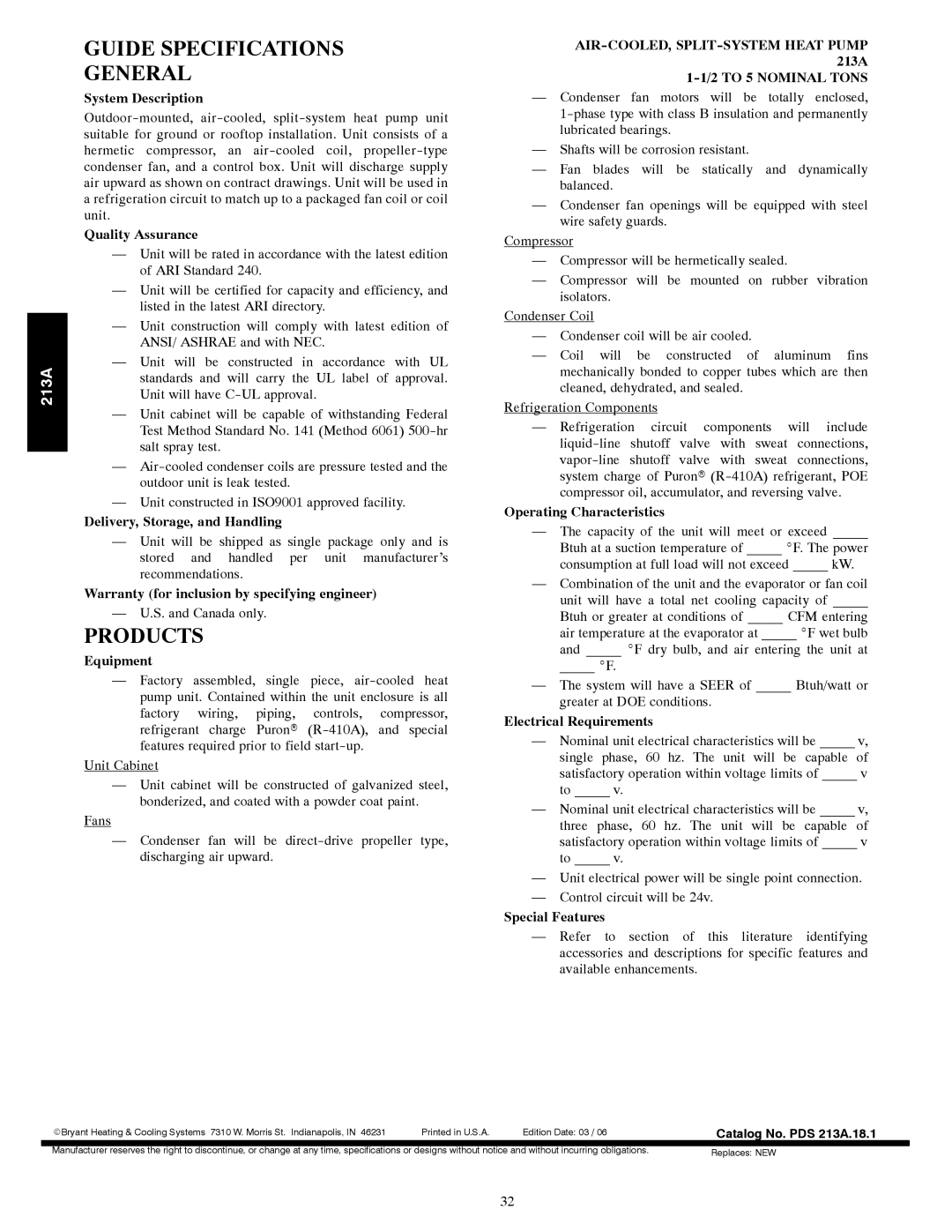 Bryant 213A warranty Guide Specifications General, Products 