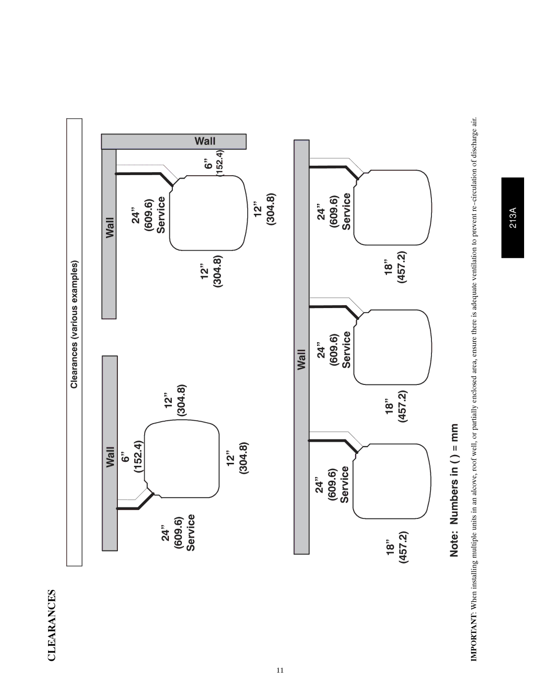 Bryant 213A warranty Clearances, Wall 609.6 Service 457.2 