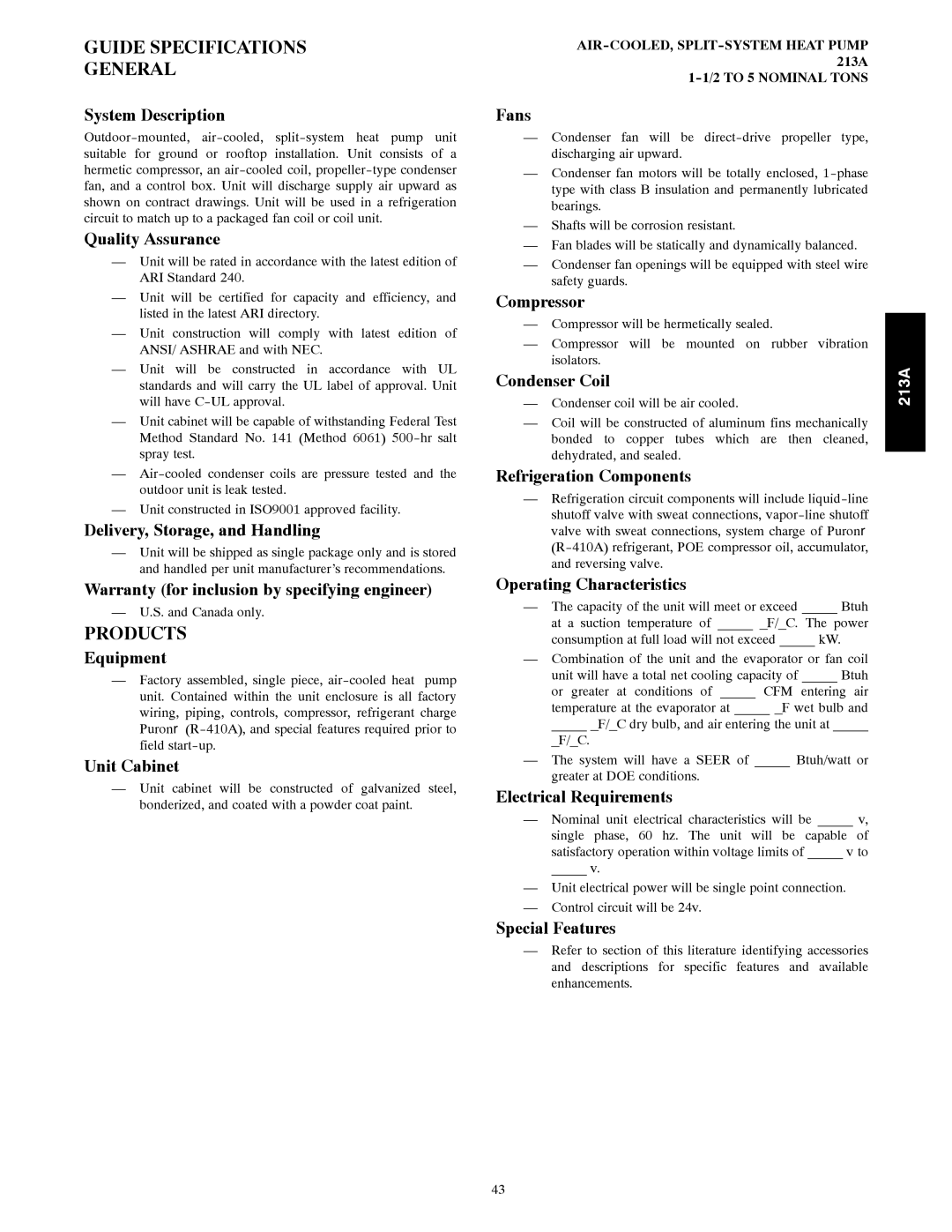 Bryant 213A warranty Guide Specifications General, Products 