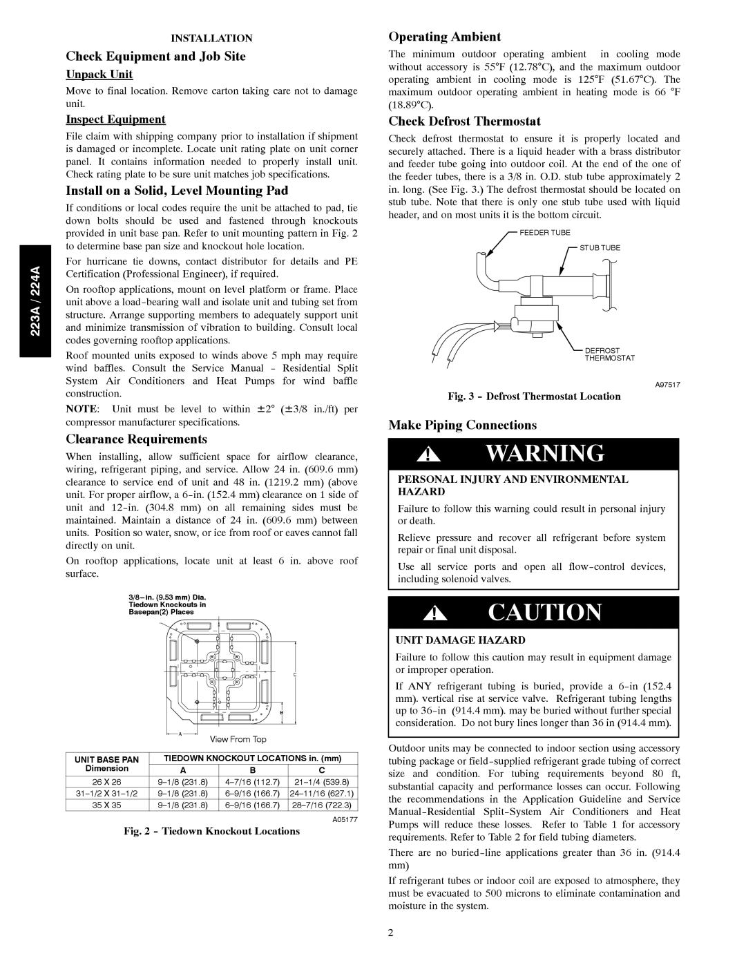 Bryant 223A, 224A Check Equipment and Job Site, Install on a Solid, Level Mounting Pad, Clearance Requirements 