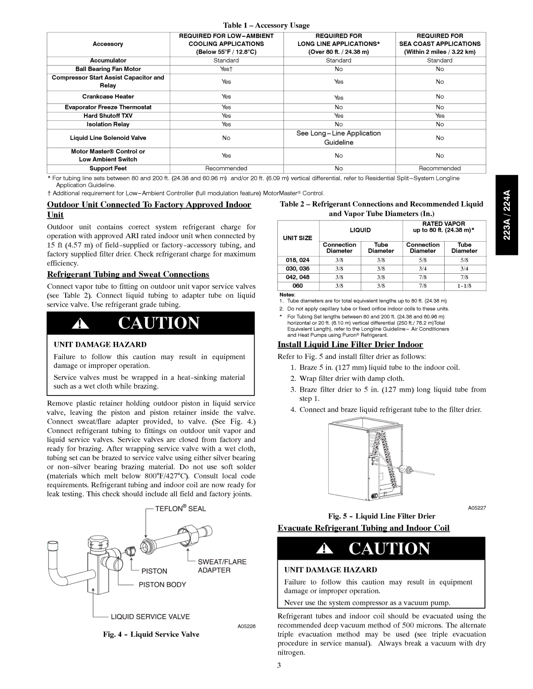 Bryant 224A, 223A Outdoor Unit Connected To Factory Approved Indoor Unit, Refrigerant Tubing and Sweat Connections 