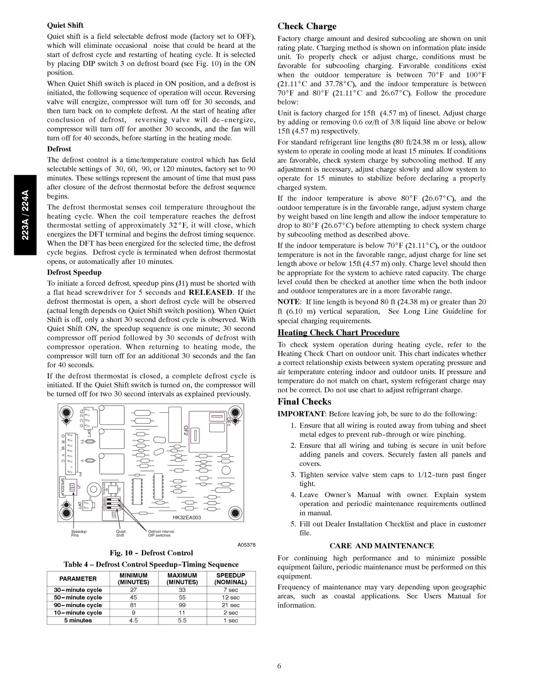 Bryant 223A, 224A installation instructions Check Charge, Final Checks, Heating Check Chart Procedure, Care and Maintenance 