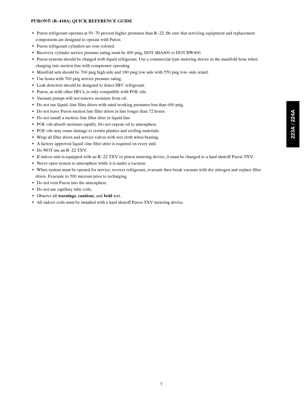 Bryant 224A, 223A installation instructions Puronr R-410A Quick Reference Guide 