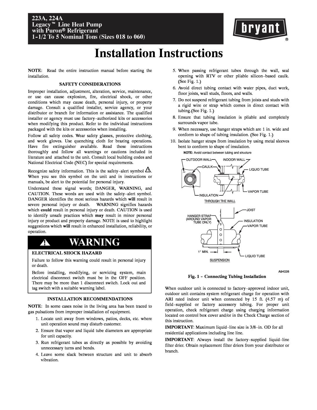 Bryant 224A, 223A installation instructions Safety Considerations, Electrical Shock Hazard, Installation Recommendations 