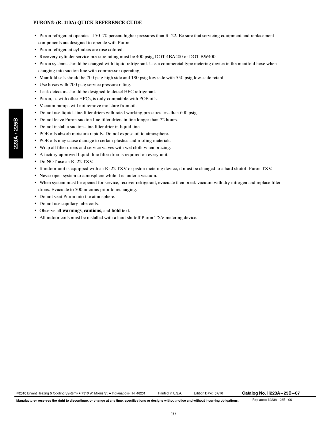 Bryant installation instructions Puronr R-410A Quick Reference Guide, Catalog No. II223A---25B---07 