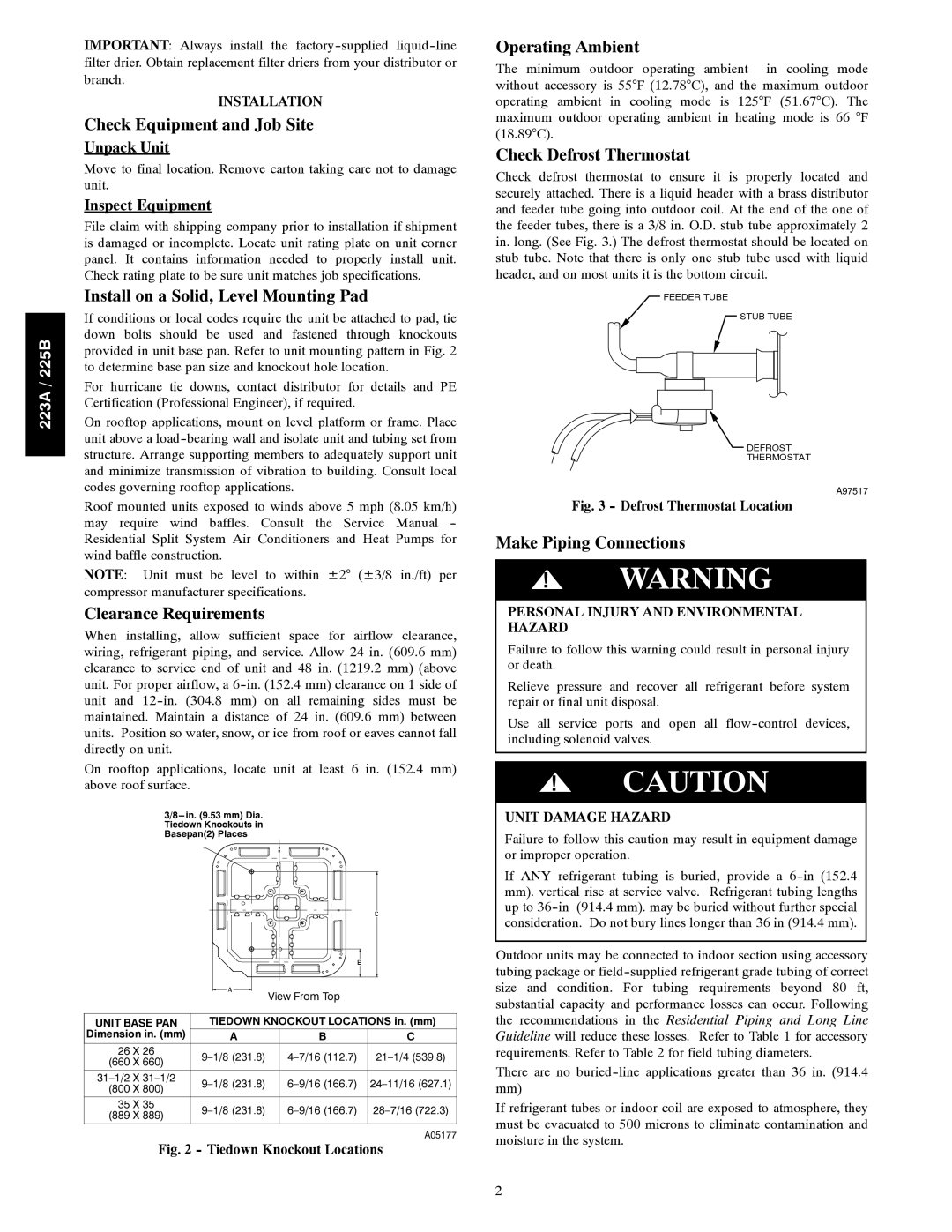 Bryant 223A Check Equipment and Job Site, Install on a Solid, Level Mounting Pad, Clearance Requirements 