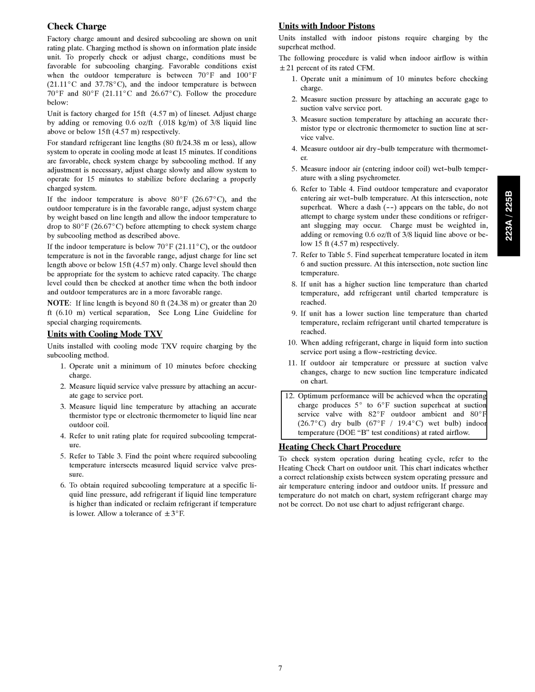 Bryant 223A Check Charge, Units with Cooling Mode TXV, Units with Indoor Pistons, Heating Check Chart Procedure 