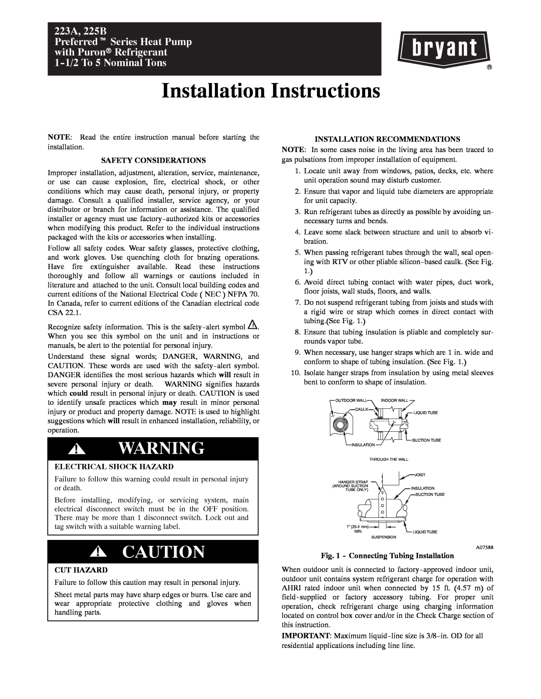 Bryant 223A installation instructions Safety Considerations, Electrical Shock Hazard, Installation Recommendations 